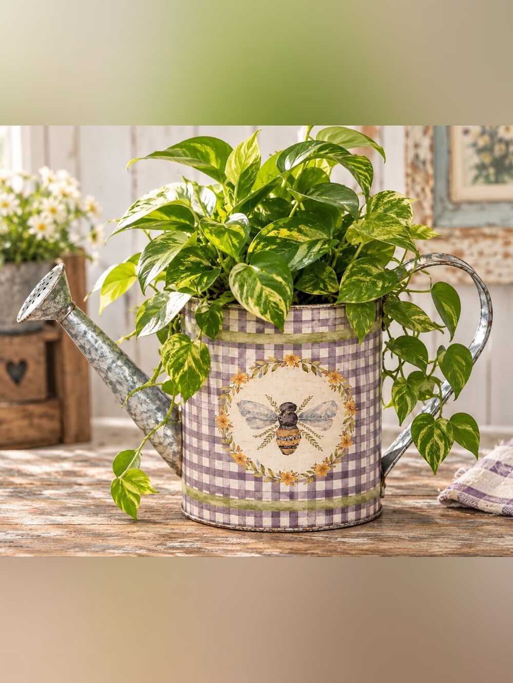 Primitives by Kathy Vintage Inspired Bee Gingham Metal Watering Can NWT